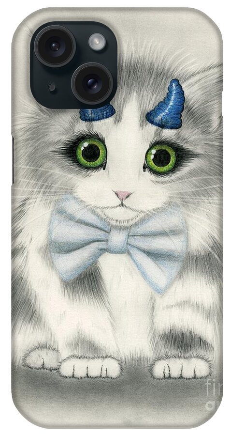 Cute Kitten iPhone Case featuring the drawing Little Blue Horns - Devil Kitten by Carrie Hawks