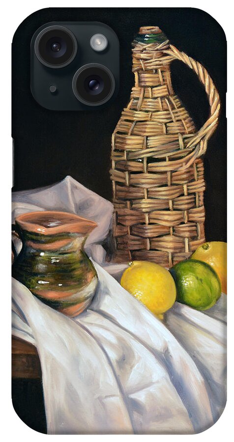Wicker-bottle iPhone 15 Case featuring the painting Little Green Jug by Ricardo Chavez-Mendez