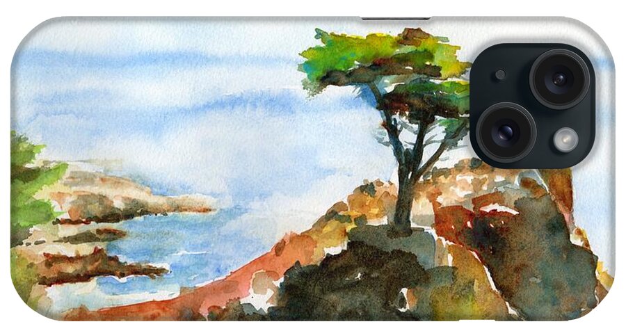 Lone Cypress iPhone Case featuring the painting Lone Cypress Pebble Beach Fog by Carlin Blahnik CarlinArtWatercolor