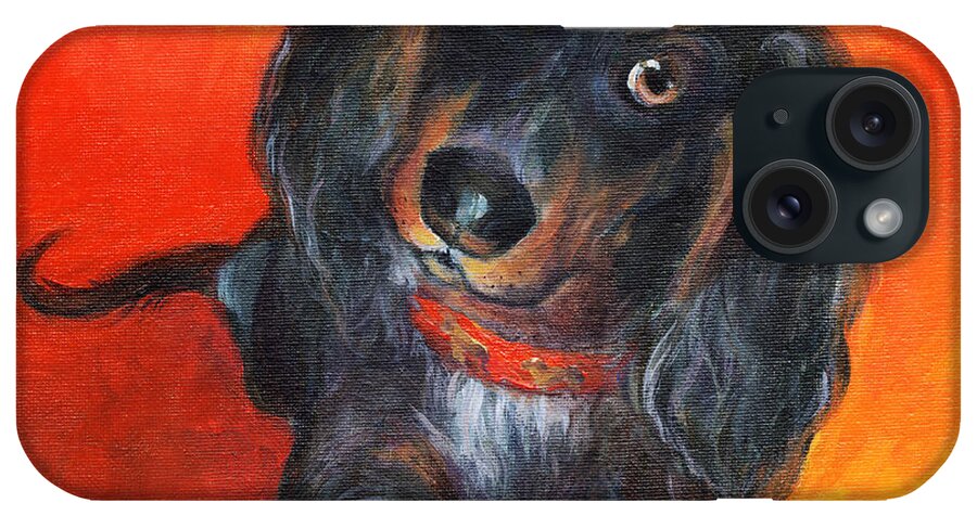 Long-haired iPhone Case featuring the painting Long haired Dachshund dog puppy Portrait painting by Svetlana Novikova