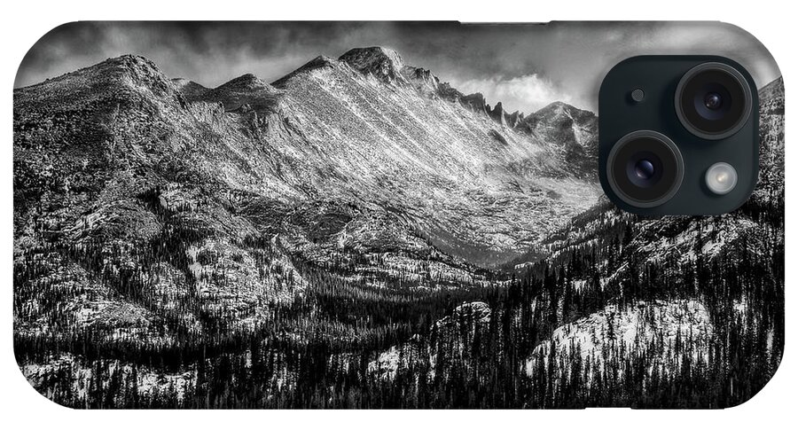 Longs Peak iPhone Case featuring the photograph Longs Peak Rocky Mountain National Park Black and White by Ken Smith