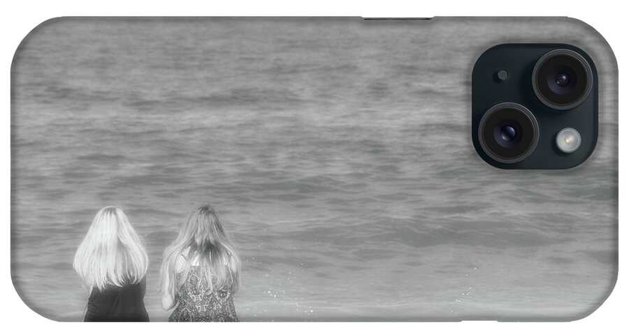 Beach Shore Delaware Maryland Ocean Sand Sun Summer Ir Infrared Black White Hot Women Two Looking Peace Peaceful View Hair Together iPhone Case featuring the photograph Looking #38 by Raymond Magnani