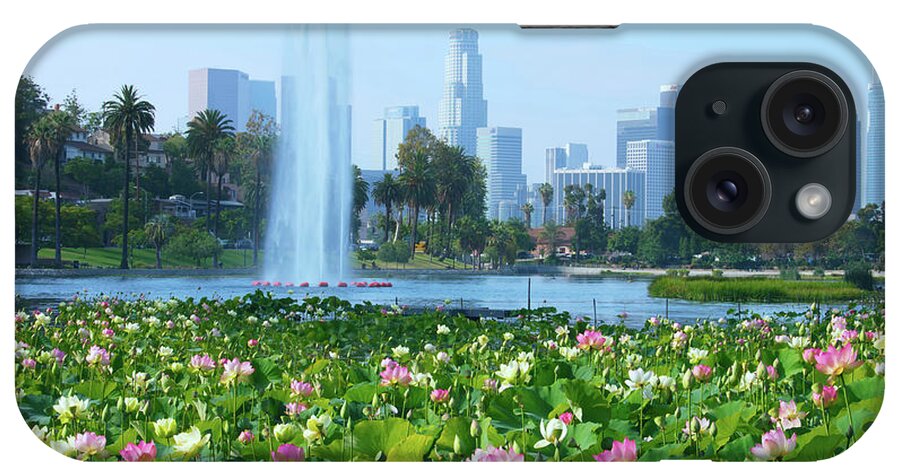Echo Park iPhone Case featuring the photograph Lotus Blooms and Los Angeles Skyline by Ram Vasudev