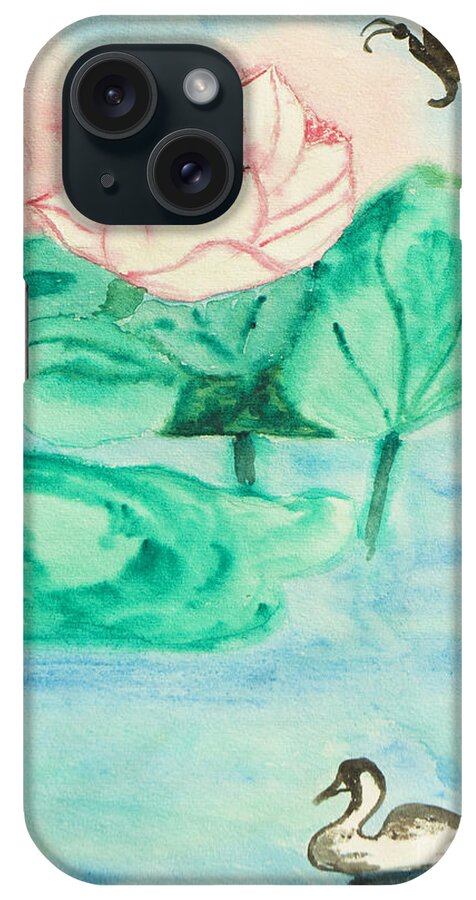 Art iPhone Case featuring the painting Lotus, butterfly and swan, painting by Irina Afonskaya