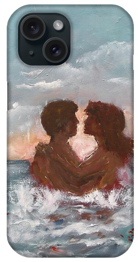 Lovers Ocean Wave Water Love Kiss Man Woman Sky Beach Blue Hug Vacation Relax Swim Fish Acrylic Painting On Canvas Print Romantic iPhone Case featuring the painting Lovers by Miroslaw Chelchowski