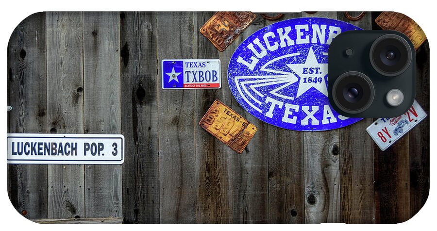 Luckenbach Texas Signs iPhone Case featuring the photograph Luckenbach Texas Signs, Tags and Horseshoes by Debra Martz