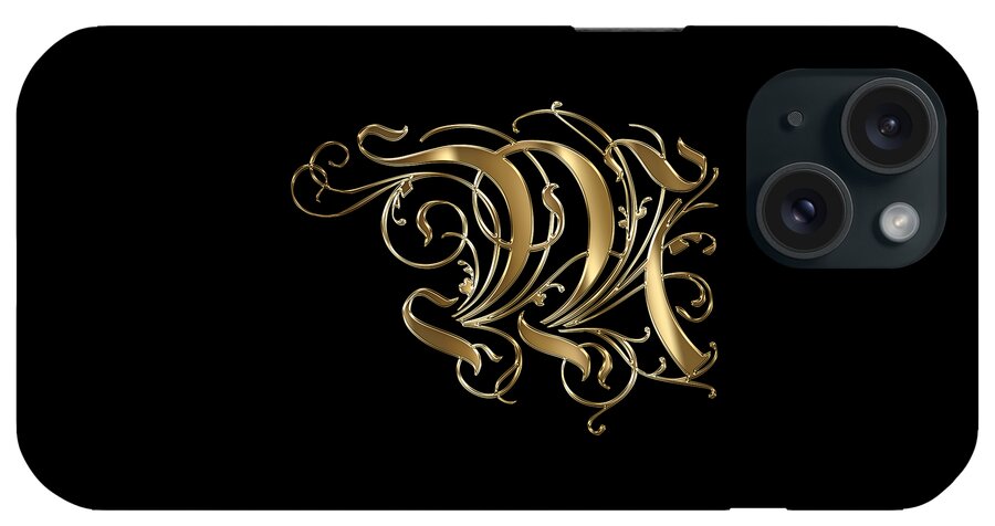 Golden Letter M iPhone Case featuring the painting M Golden Ornamental Letter Typography by Georgeta Blanaru