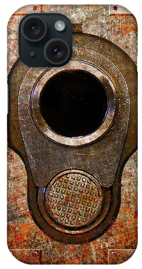 Colt iPhone Case featuring the digital art M1911 Muzzle on Rusted Riveted Metal by Fred Ber