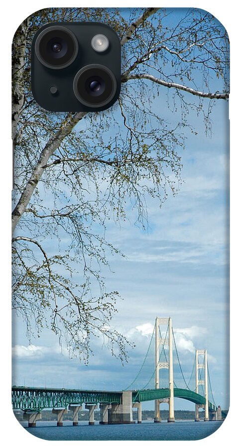 Usa iPhone Case featuring the photograph Mackinac Bridge Birch by LeeAnn McLaneGoetz McLaneGoetzStudioLLCcom