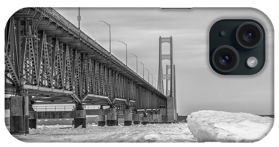 John Mcgraw iPhone Case featuring the photograph Mackinac Bridge Icy Black and White by John McGraw