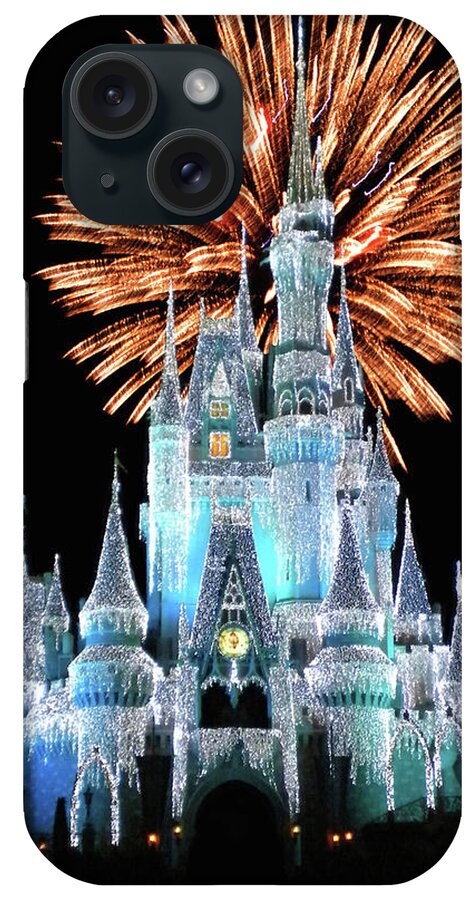 Castle iPhone Case featuring the photograph Magic Kingdom Castle In Frosty Light Blue with Fireworks 02 MP by Thomas Woolworth