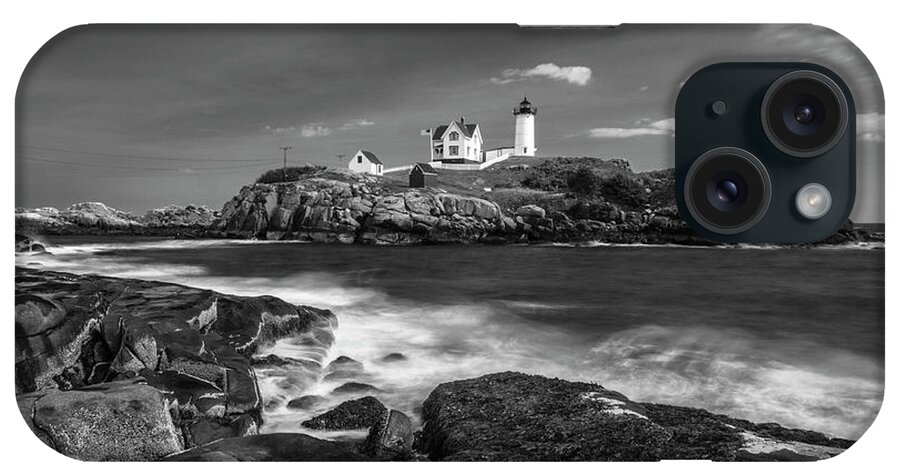 Maine iPhone Case featuring the photograph Maine Cape Neddick Lighthouse in BW by Ranjay Mitra