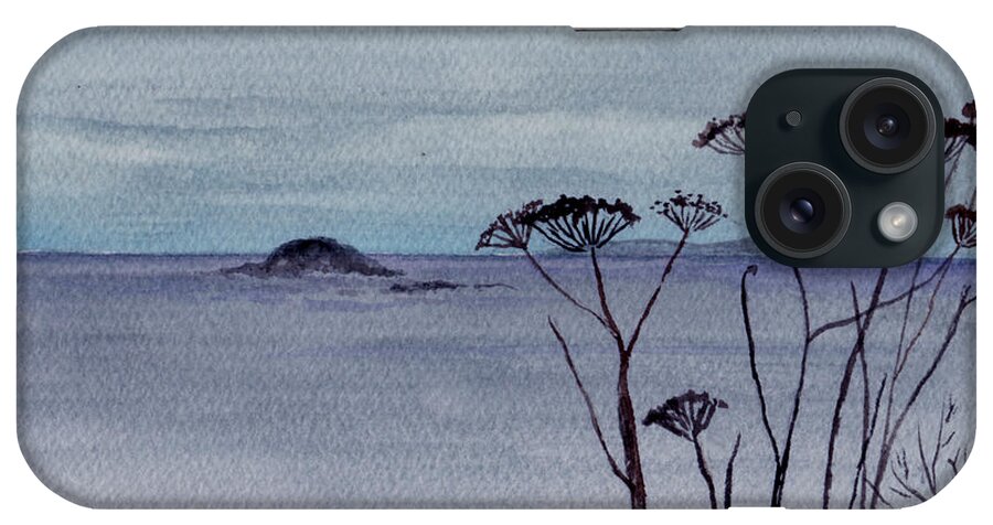 Landscape Watercolor Sea Ocean Sky Cloudy Flower Weed iPhone Case featuring the painting Maine Moody Distance by Brenda Owen
