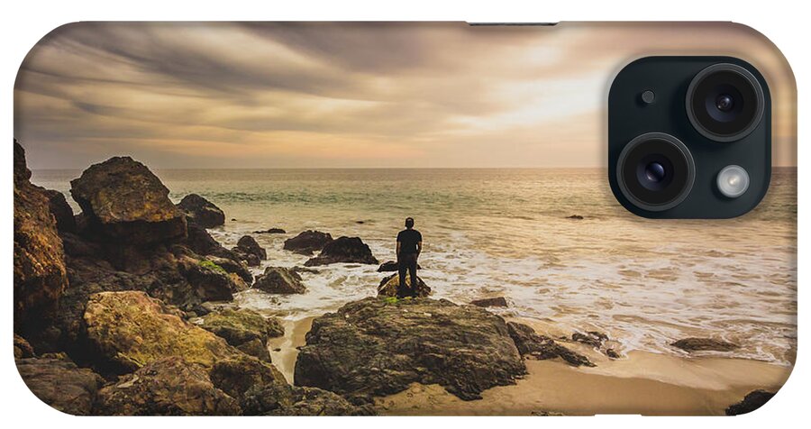 Beach iPhone Case featuring the photograph Man Watching Sunset in Malibu by Andy Konieczny