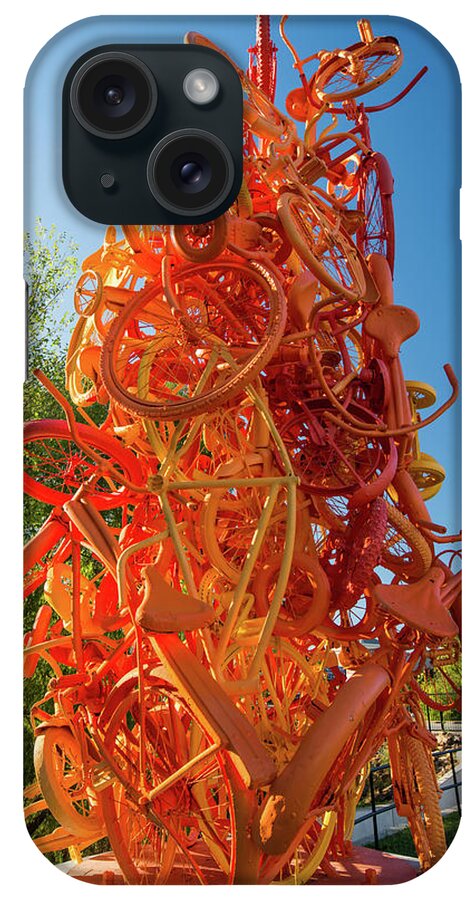 America iPhone Case featuring the photograph Mangled Bikes Statue - Bentonville Razorback Greenway by Gregory Ballos
