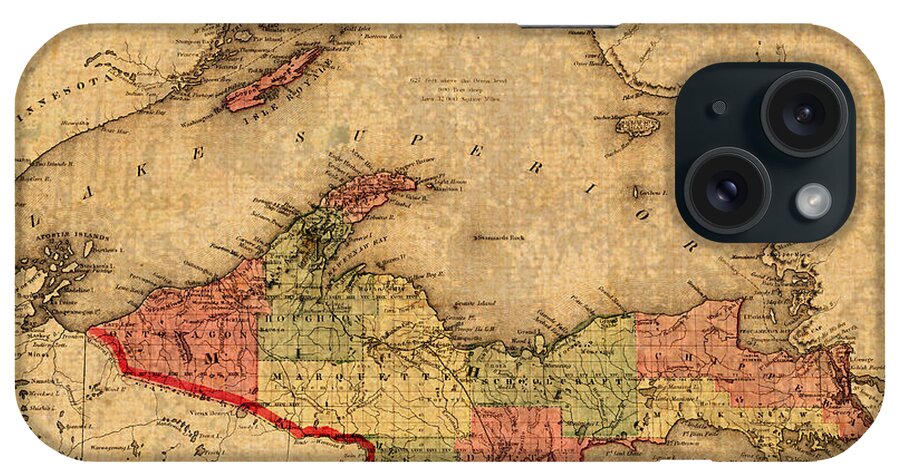 Map iPhone Case featuring the mixed media Map of Michigan Upper Peninsula and Lake Superior Vintage Circa 1873 on Worn Distressed Canvas by Design Turnpike