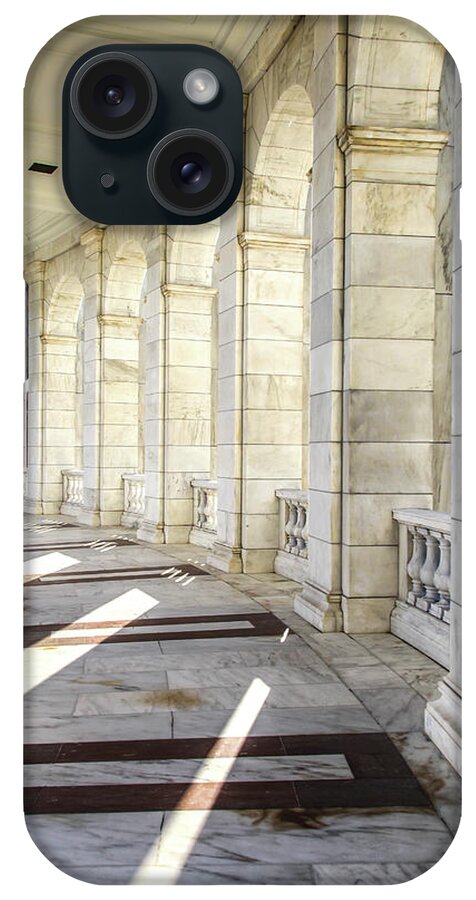 Arlington Cemetery Memorial Amphitheater Amphitheatre Washington Dc Military Graveyard Ceremonial Marble Stone Arch Arches Archways Columns Sunlight Silence iPhone Case featuring the photograph Marble Sunlight and Silence by Ross Henton