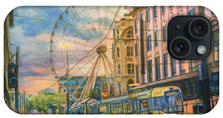 Manchester. Market Street iPhone Case featuring the painting Market Street Metrolink Tramstop With The Manchester Wheel by Rosanne Gartner