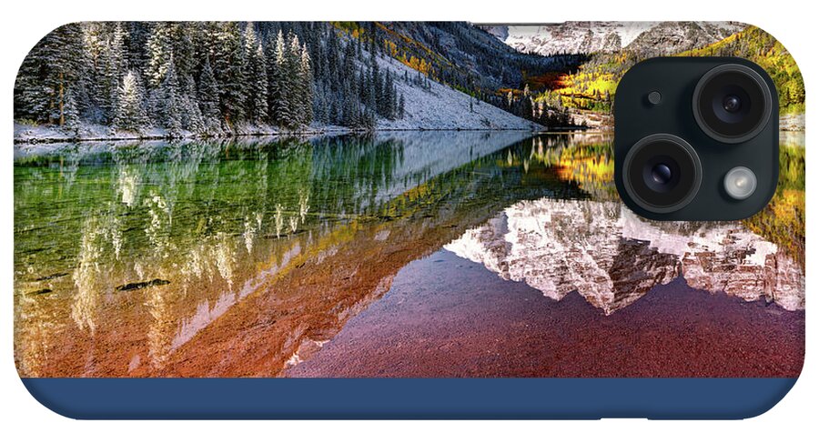 Olena Art iPhone Case featuring the photograph Sunrise at Maroon Bells Lake Autumn Aspen Trees in The Rocky Mountains Near Aspen Colorado by OLena Art by Lena Owens - Vibrant Design