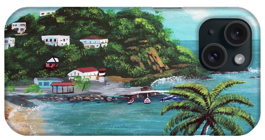 Maunabo Puerto Rico Island Ocean Palms Mountains Fishing Village iPhone Case featuring the painting Maunabo Puerto Rico by Luis F Rodriguez