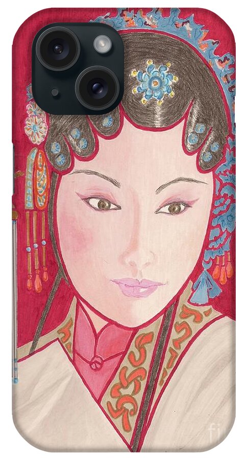 Chinese iPhone Case featuring the drawing Mei Ling -- Portrait of Woman from Chinese Opera by Jayne Somogy