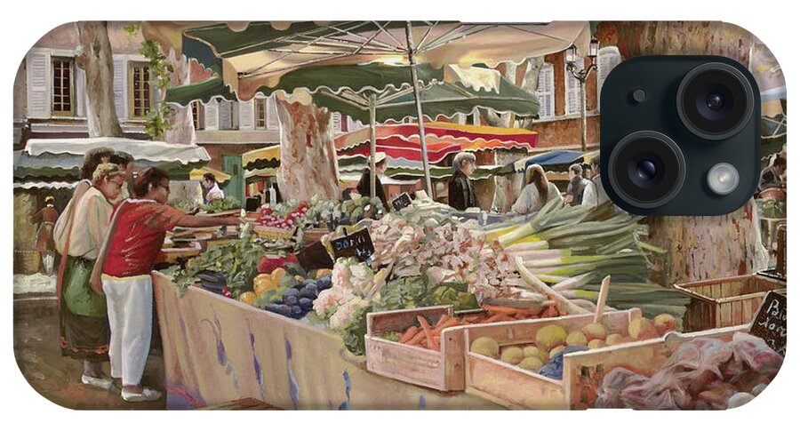 Market iPhone Case featuring the painting il mercato di Vence by Guido Borelli
