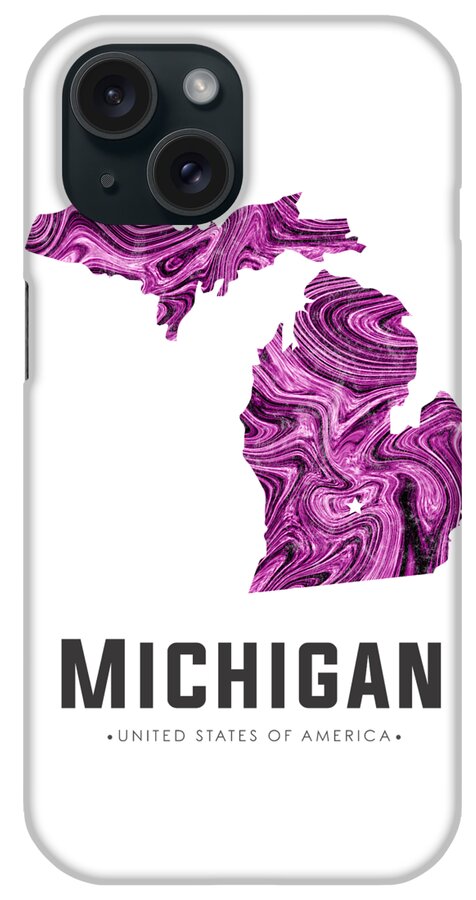 Michigan iPhone Case featuring the mixed media Michigan Map Art Abstract in Purple by Studio Grafiikka