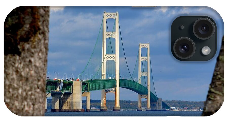 Mackinac Bridge iPhone Case featuring the photograph Mighty Mac Framed by Trees by Keith Stokes