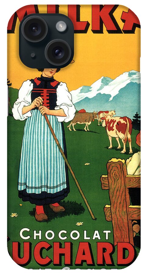 Milka iPhone Case featuring the mixed media Milka - Chocolat Suchard - Swiss Milk - Vintage Advertising Poster by Studio Grafiikka