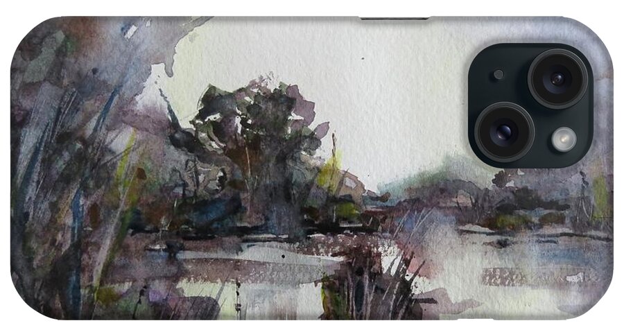Painting iPhone Case featuring the painting Misty Pond by Geni Gorani