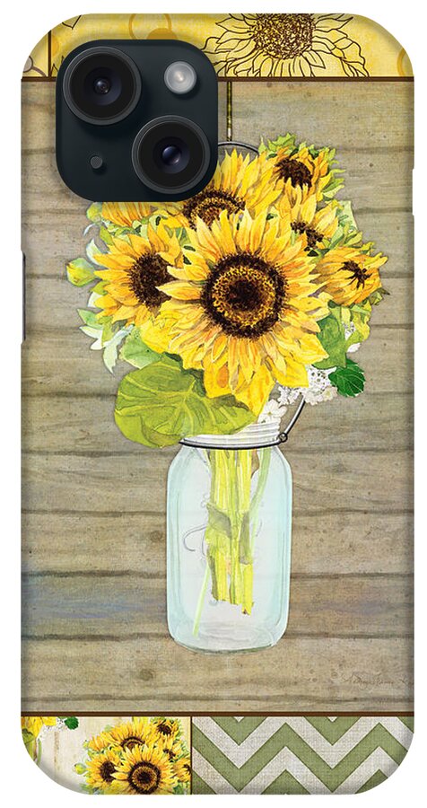 Modern iPhone Case featuring the painting Modern Rustic Country Sunflowers in Mason Jar by Audrey Jeanne Roberts