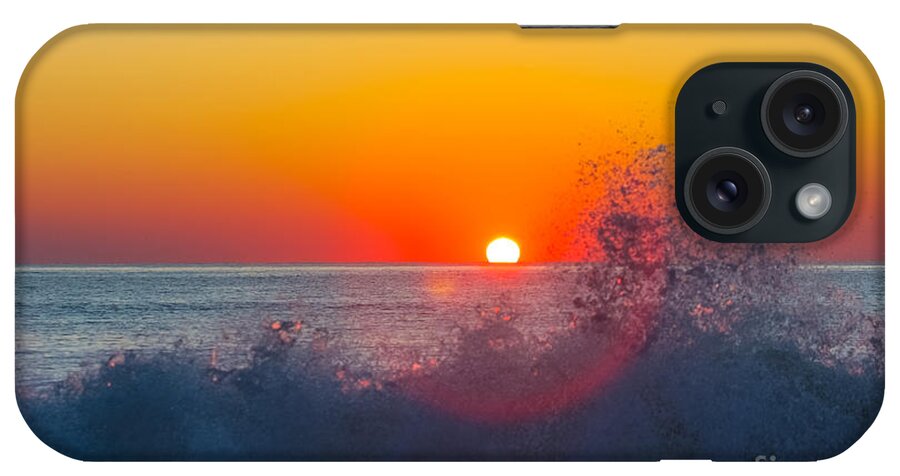 Atlantic Ocean Rehoboth Beach Deleware Nature Sunrise Pier Wave Frothy Sun Red Orange iPhone Case featuring the photograph Moment in Time by Allan Levin