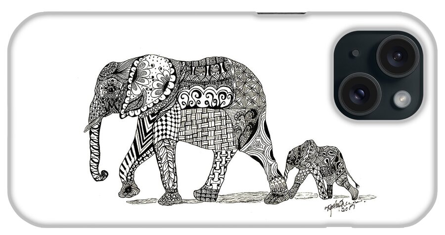 Elephant iPhone Case featuring the drawing Momma and Baby Elephant by Kathy Sheeran