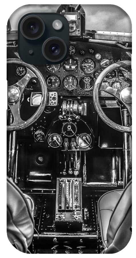 Flightdeck; Cockpit; Ford; Trimotor; Vintage; Plane; Interior; Tin; Goose; Art; Deco; Era; Commercial; Airliner; Airline; Aircraft; Airlines; Travel; Aviation; Transport; Business; Airways; Pilots; Seats; Controls; Bygone; Era; History; Historic; Historical; Flying; Machine; Nostalgia; Legend; Old; Classic; Icon; American iPhone Case featuring the photograph Monochrome Cockpit by Chris Smith