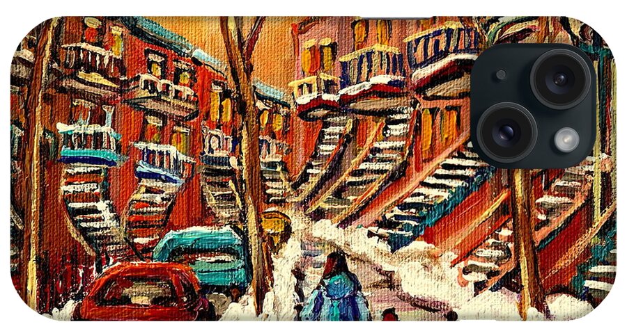  Montreal Street In Winter iPhone Case featuring the painting Montreal Citystreet In Winter by Carole Spandau