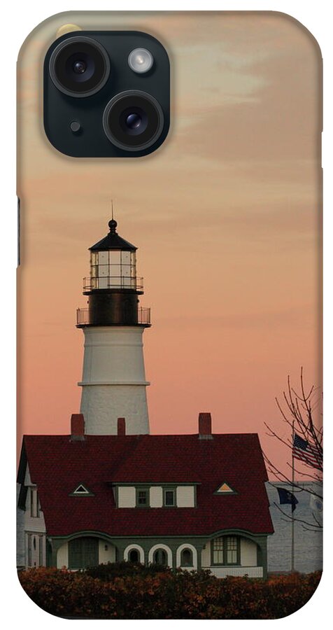 Coastal iPhone Case featuring the photograph Moon over Portland Head Lighthouse by Lou Ford
