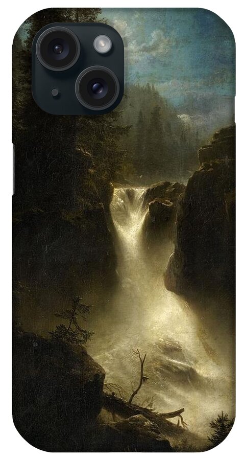 Oswald Achenbach iPhone Case featuring the painting Moonlit Alpine Landscape by Oswald Achenbach
