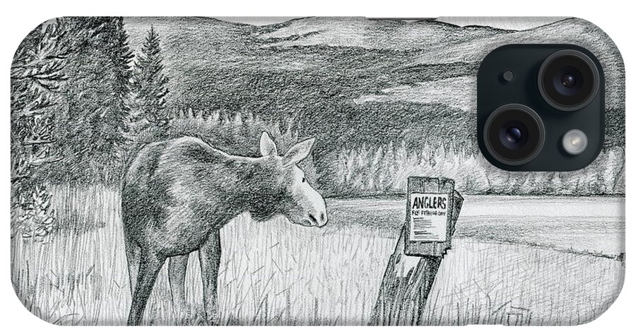 Moose iPhone Case featuring the drawing Moose at Big Brook Bog by Harry Moulton