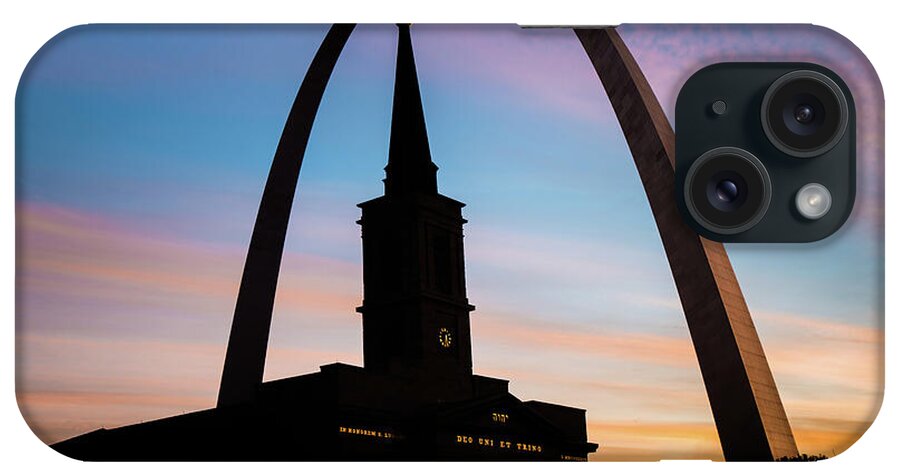 America iPhone Case featuring the photograph Morning Silhouettes - St. Louis Gateway Arch and the Old Cathedral at Sunrise by Gregory Ballos