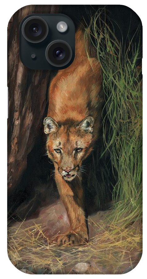Mountain Lion iPhone Case featuring the painting Mountain Lion Emerging From Shadows by David Stribbling