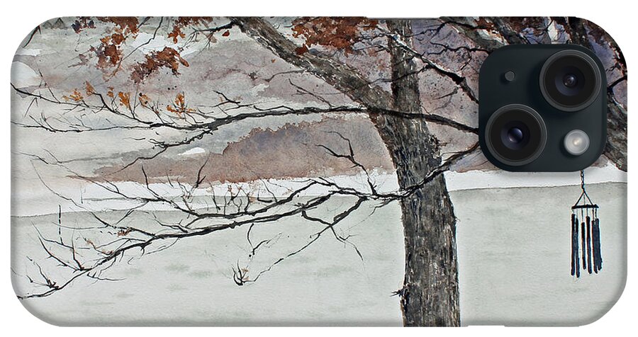 A Black Metal Wind Chime Hangs On A Bare Branch Of A Tree In Winter. A Lake And A Snow Covered Forest Is In The Background. iPhone Case featuring the painting Music Of The North Wind by Monte Toon