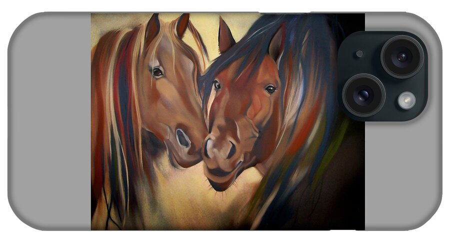 Close Up Wild Mustangs iPhone Case featuring the pastel Mustangs by Marika Evanson