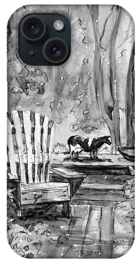 Black And White iPhone Case featuring the painting My Front Deck in BW by Gretchen Allen