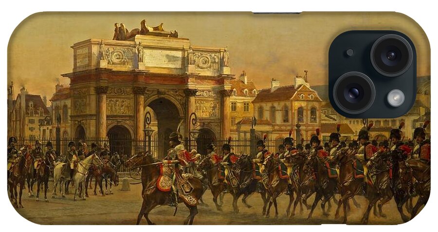 Francois Flameng iPhone Case featuring the painting Napoleon and his staff reviewing the mounted chasseurs of the Imperial guard by MotionAge Designs
