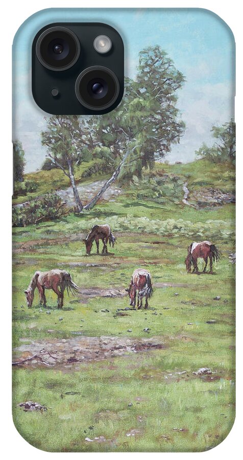 Horses iPhone Case featuring the painting New Forest Lyndhurst Hampshire by Martin Davey