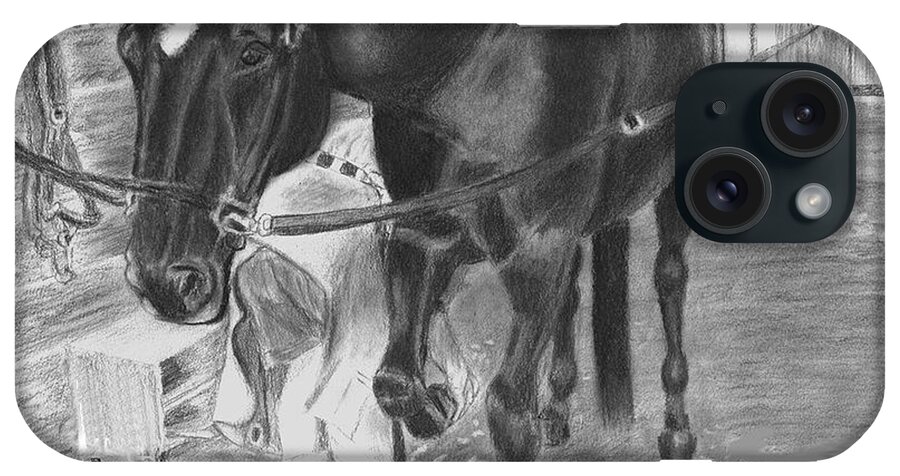 Horse iPhone 15 Case featuring the drawing New Shoes by Quwatha Valentine