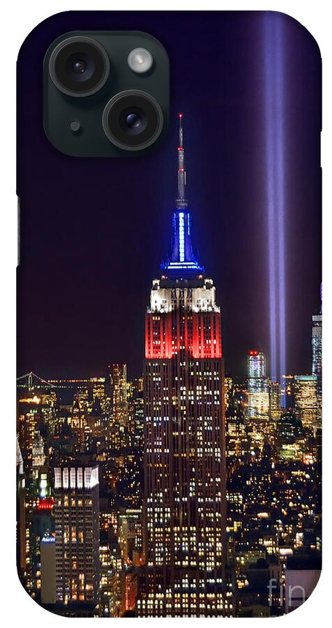 New York City Skyline At Night iPhone Case featuring the photograph New York City Tribute in Lights Empire State Building Manhattan at Night NYC by Jon Holiday