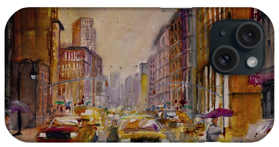 New York City iPhone Case featuring the painting New York Cityscape Rainy Morning Commute by Gray Artus