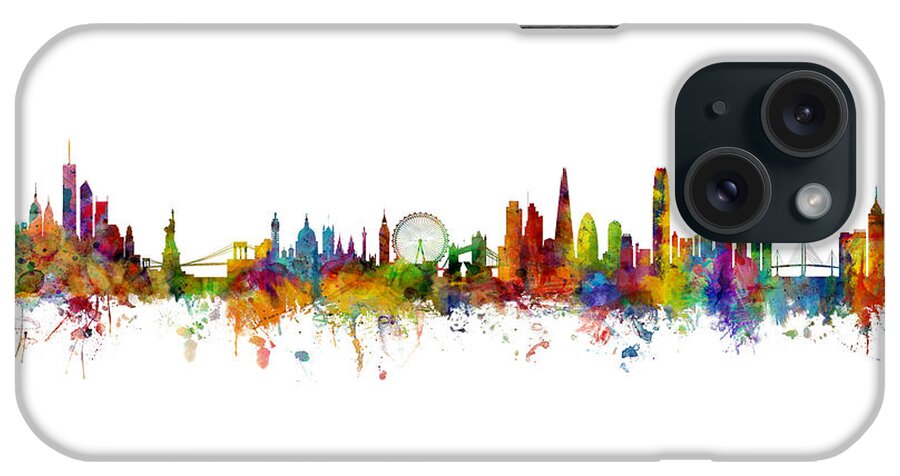 Hong Kong iPhone Case featuring the digital art New York, London and Hong Kong Skyline Mashup by Michael Tompsett