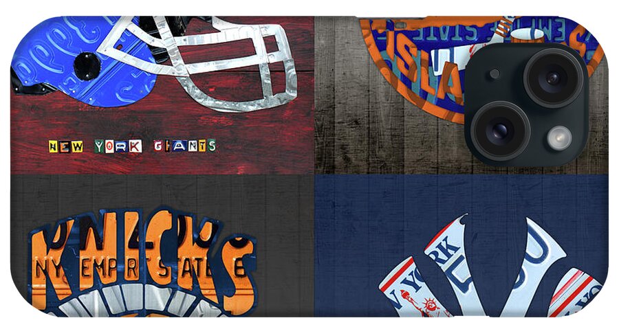 New York iPhone Case featuring the mixed media New York Sports Team License Plate Art Collage Giants Islanders Knicks Yankees by Design Turnpike